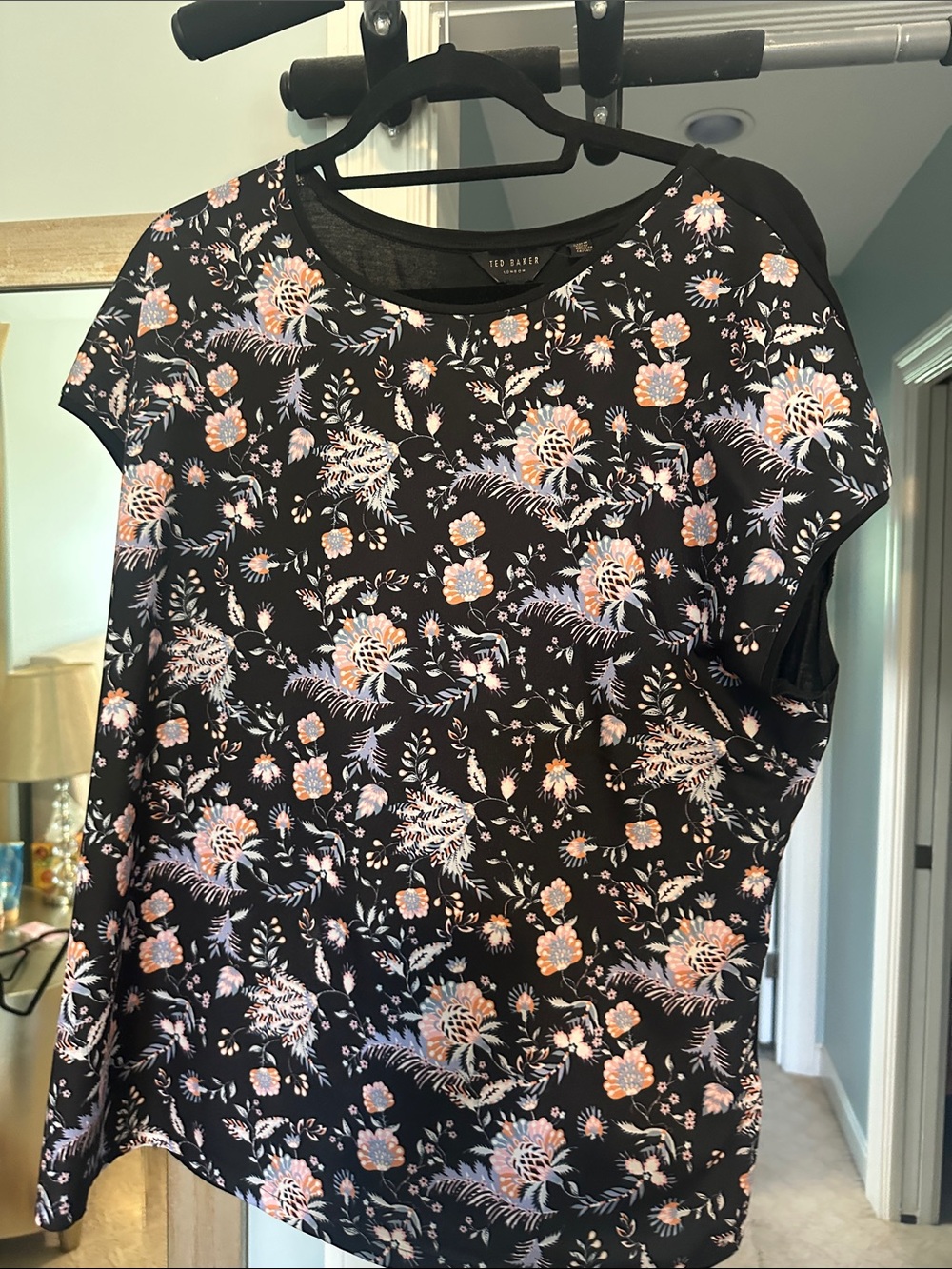 Ted Baker Black Floral Cap-Sleeve Top with Pink Accents
